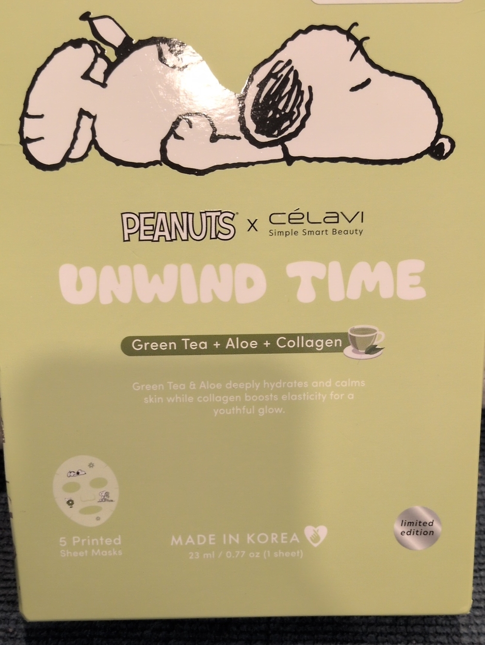 Peanuts x Celavi Unwind Time Green Tea + Aloe + Collagen Sheet Mask